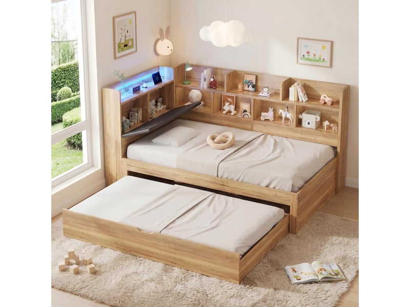  Lit enfant gigogne en bois 90x200 cm avec couchage 90x190,éclairage led et port usb-c rangements et sommier à sattes mdf naturel BUYDEEMEUS - Conforama D