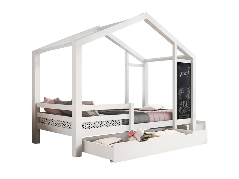  Lit combiné enfant 90 x 200 - avec tableau noir et 2 tiroirs - lit une place - bois massif - avec barrière - design toit  - Conforama A