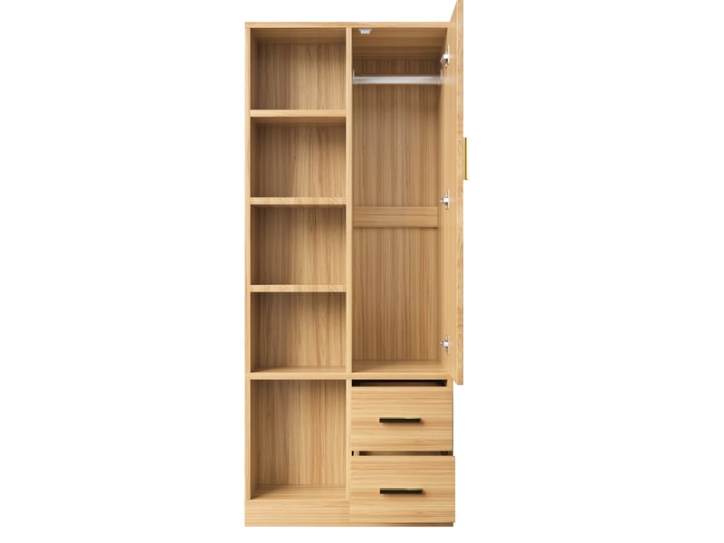  Armoire 70x50x170 cm, 1 porte, 2 tringles, 2 tiroirs, rangement latéral, poignées en métal, bois, couleur bois  - Conforama E