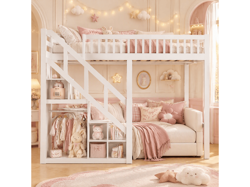Lit mezzanine 90x200 cm, lit superposé enfant avec escaliers de rangement et barrière de sécurité, sommier à lattes - Conforama W