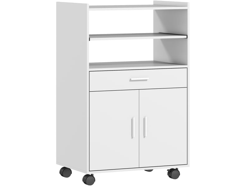  Meuble micro-ondes 59 cm – blanc – rangements multiples avec roulettes et double porte  - Conforama A