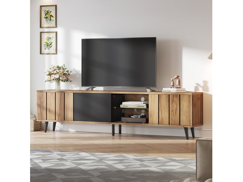  Meuble tv tcqpz 175 x 31,5 x 45 cm avec 3 portes et étagère centrale en verre bois et noir pour téléviseur jusqu'à 75 pouces  - Conforama E