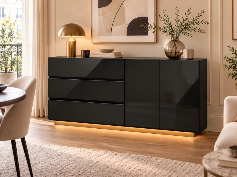 Kefsr buffet noir brillant avec led - meuble tv & bahut moderne 2 portes 3 tiroirs, sans poignée, design laqué pour salon, salle à manger et entrée (160x35x71cm) - Conforama B