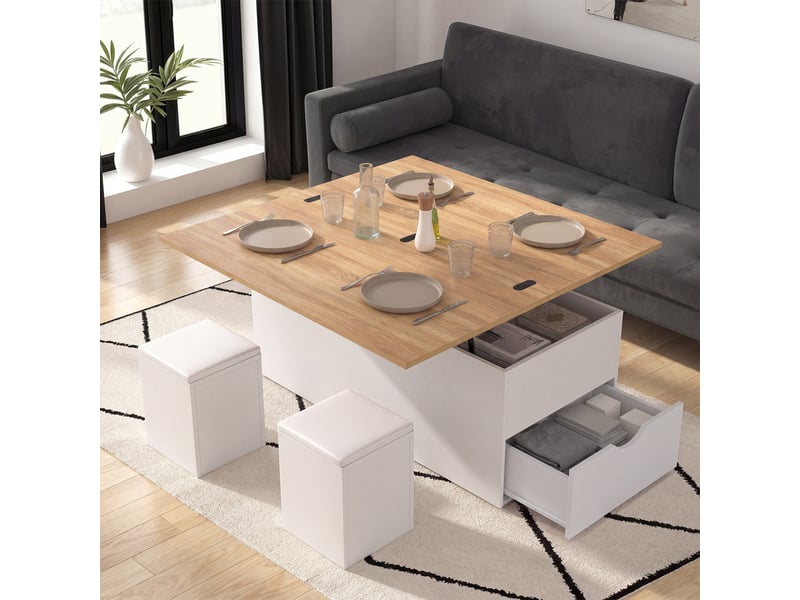 Table basse plateau relevable convertible en table à manger elea 100 cm avec 2 poufs et tiroir bois blanc et façon hêtre  - Conforama B