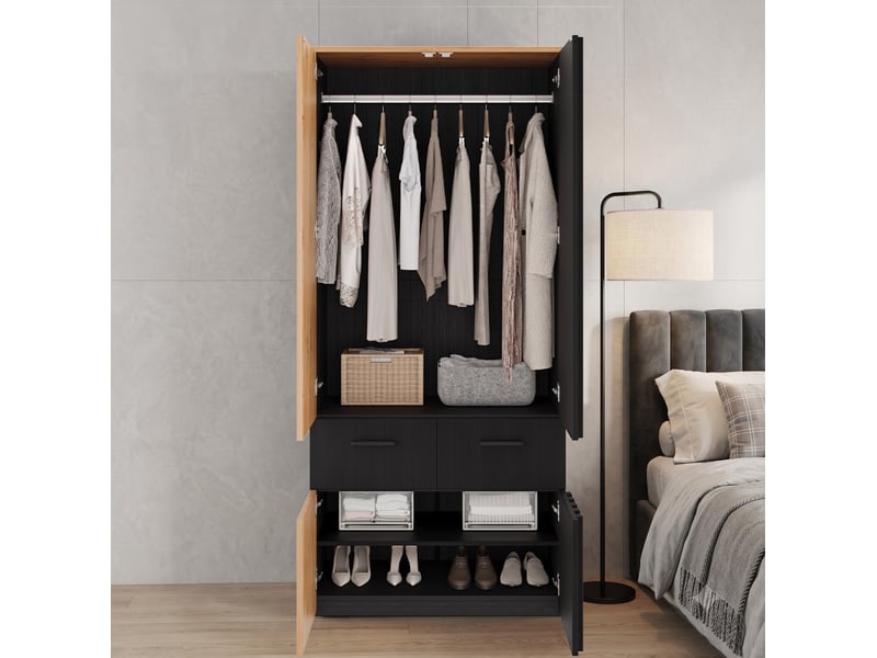  Armoire dressing 2 portes 90 x 50 x 200 cm en mdf et panneau de particules noir et bois clair, 1 tringle, 2 tiroirs  - Conforama E