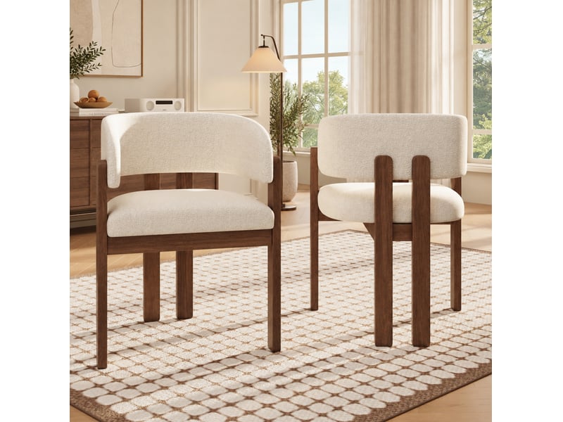  Lot de 2 chaises de salle à manger avec accoudoirs en bouclette beige, coloris noyer  - Conforama B