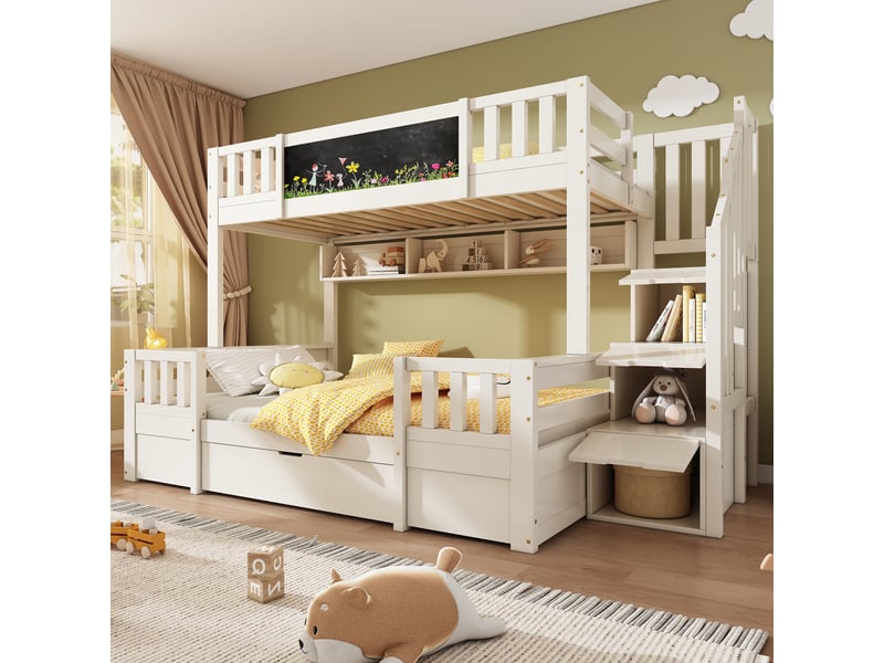  Lit superposé enfant 90x200140x200 - lit 3 places - tableau noir - escalier rangement - 2 tiroirs - étagère - garde-corps - blanc  - Conforama B