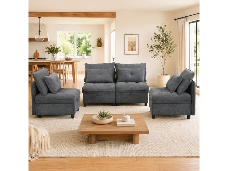 Canapé modulable 4 places convertible gris antique en chenille avec rangement - Conforama D