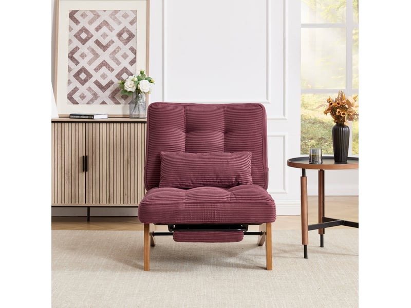  Fauteuil relax inclinable 127x73x90 cm, canapé 1 place avec repose-pieds et coussin lombaire, en tissu côtelé rouge bordeaux  - Conforama E