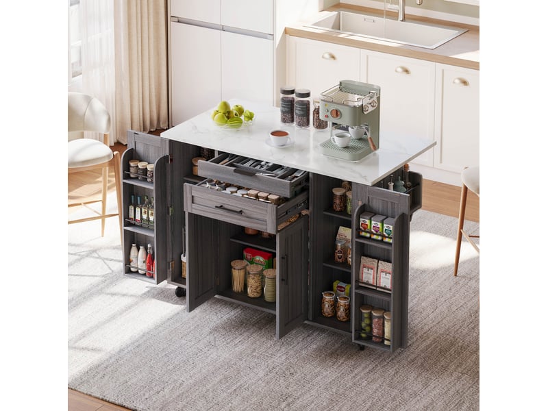 Îlot de cuisine mobile gris 136x70x92 cm avec plateau extensible et rangements - Conforama D