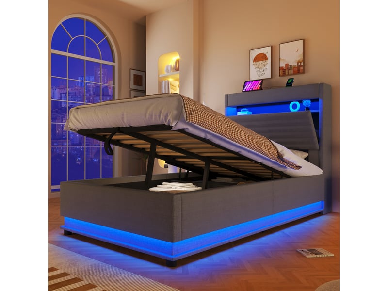  Modenvie lit coffre 90x200 cm - led reglable, ports usb et usb-c, sans matelas - gris  - Conforama D