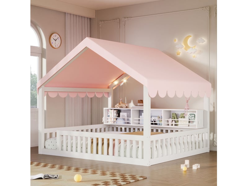  Lit cabane jeune 140x200 cm avec led, étagère et barrières en bois blanc  - Conforama E