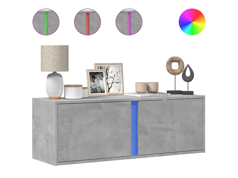 Meuble tv - banc tv - meuble de rangement mural avec lumières led gris béton 100x31x35 cm - Conforama A