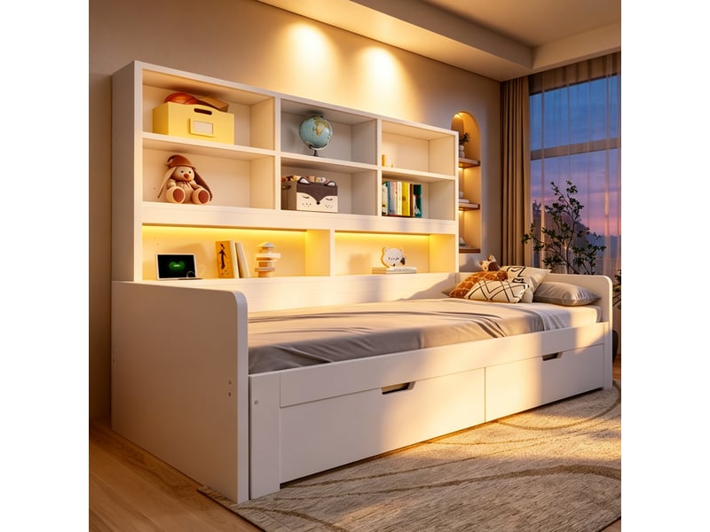 Lit banquette simple 90×200 cm extensible en 180×200 cm, led et prises - okmyhome- 2 tiroirs, sans matelas, blanc - Conforama B