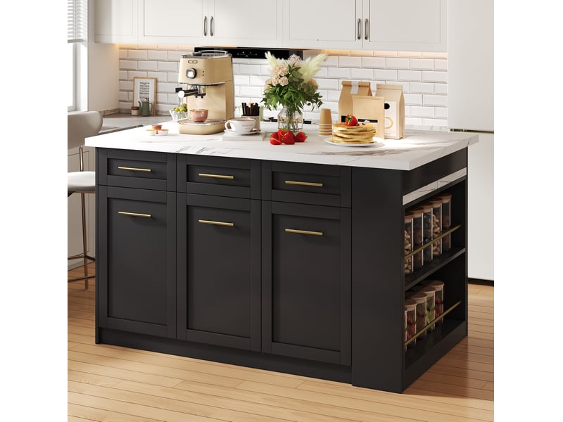  Îlot de cuisine multifonction 150x90x90 cm avec table coulissante, mdf, noir et blanc  - Conforama E