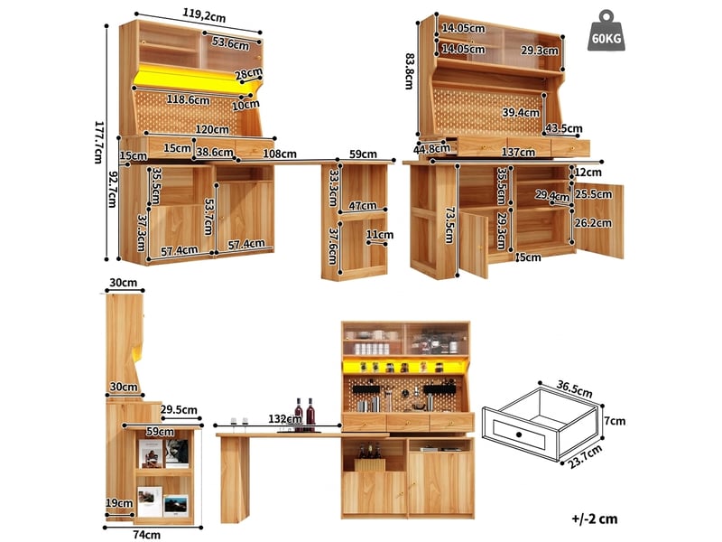  Armoire haute multifonction avec bureau et table de bar, led et portes en verre, 137x74x177,7 cm  - Conforama C