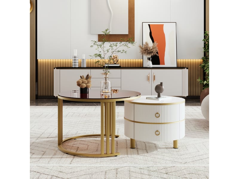 Table basse moderne ronde avec tiroirs, ensemble gigogne 2-en-1 en mdf, métal et verre trempé, blanc et brun, 70x70x45 + 50x50x40 cm - Conforama B