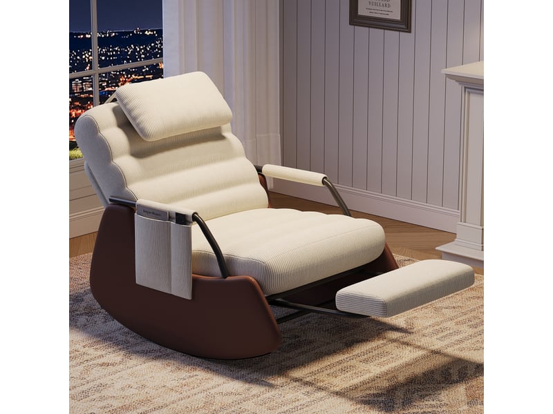  Fauteuil à bascule avec repose-pieds pliable, dossier réglable, fauteuil inclinable avec appui-tête et rembourrage épais, fauteuil de salon pour chambre d'enfant, beige (velours côtelé)  - Conforama B