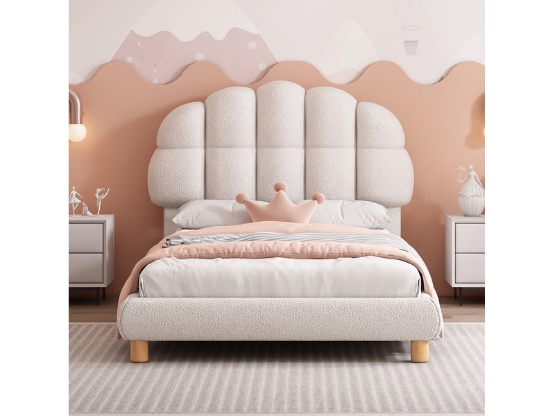  Lit simple enfant 90x200cm capitonné, sommier à lattes bois, imitation non-tissé, style élégant, blanc  - Conforama C