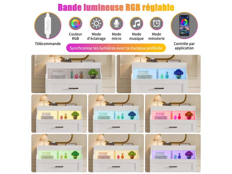  Commode 4 tiroirs - 73x39.5x114cm - meuble de rangement avec niche ouverte, bande led rgb réglable, style scandinave - blanc  - Conforama D