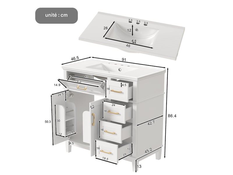  Meuble sous-vasque avec vasque en céramique 2 portes blanc 90 x 46 x 87 cm NK000109AAG - Conforama C