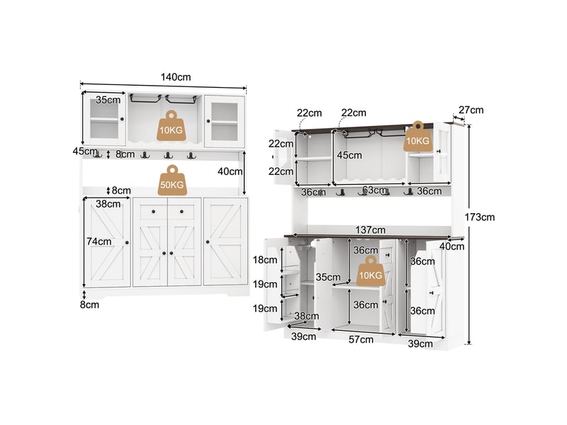  Buffet de cuisine blanc avec led rgb, prises usb, rangements à vin et portes vitrées, style rustique moderne  - Conforama C