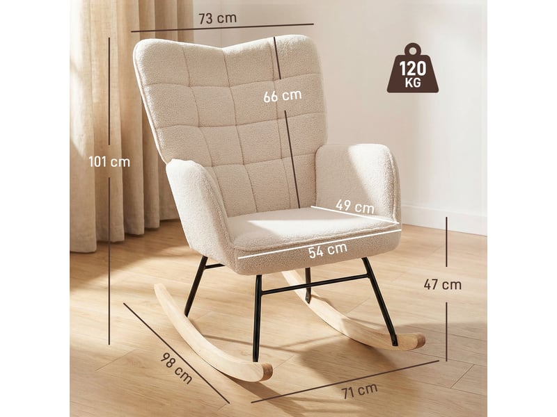  Fauteuil à bascule, chaise à bascule, rocking chair, revêtement bouclette, 71x98x101cm, beige  - Conforama E