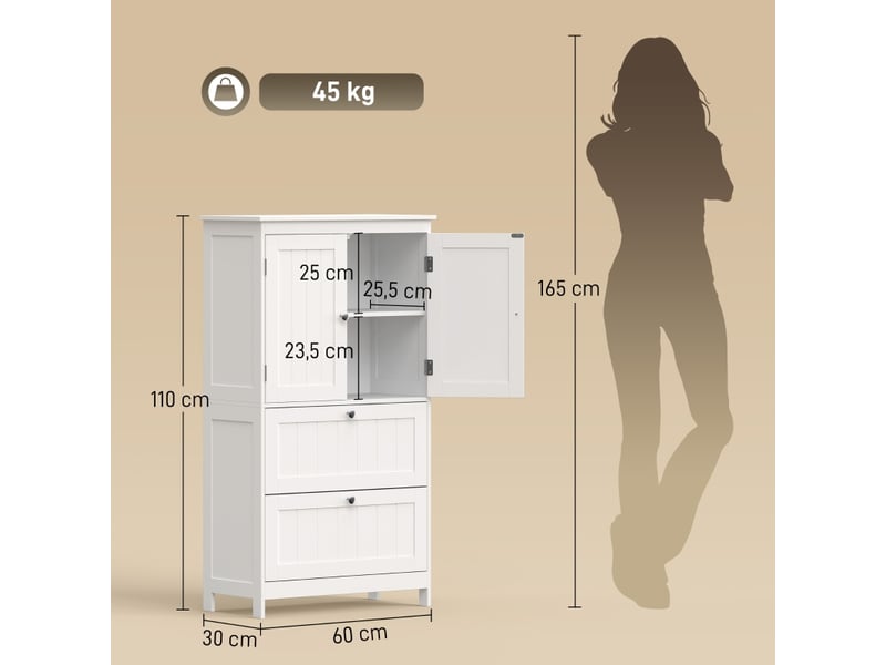  Meuble de salle de bain autoportant avec 2 tiroirs, étagère réglable et portes à lattes, blanc  - Conforama C