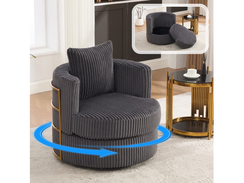 Fauteuil pivotant avec coffre sous l’assise, dossier enveloppant et accoudoirs rembourrés en velours côtelé gris - Conforama E