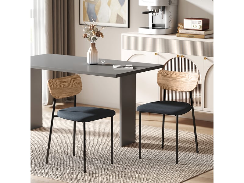  Lot de 2 chaises de salle à manger avec pieds en acier dossier incurvé et assise rembourrée gris et effet bois naturel  - Conforama D