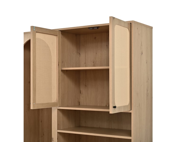  Meuble d'entrée 120 x 35 x 200 cm avec portes décor rotin, 4 portes, abattant, crochets et niches, naturel  - Conforama D
