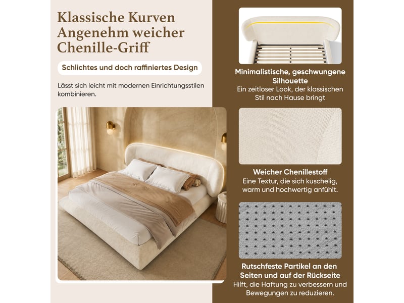 Lit double 160×200 cm, tête de lit rembourrée et bords arrondis  - sans matelas, chenille beige  - Conforama E