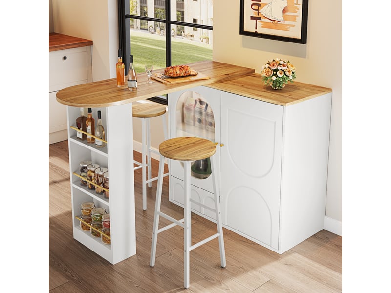  Ensemble table et chaises de bar avec îlot et 2 tabourets  - rangement et portes vitrées - mdf et métal - blanc  - Conforama C