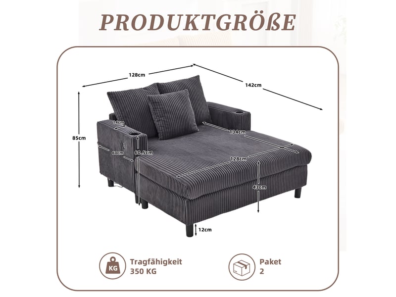  Fauteuil lounge fixe en velours côtelé gris foncé avec led, usb et porte-gobelet, pour vos instants détente à la maison  - Conforama C