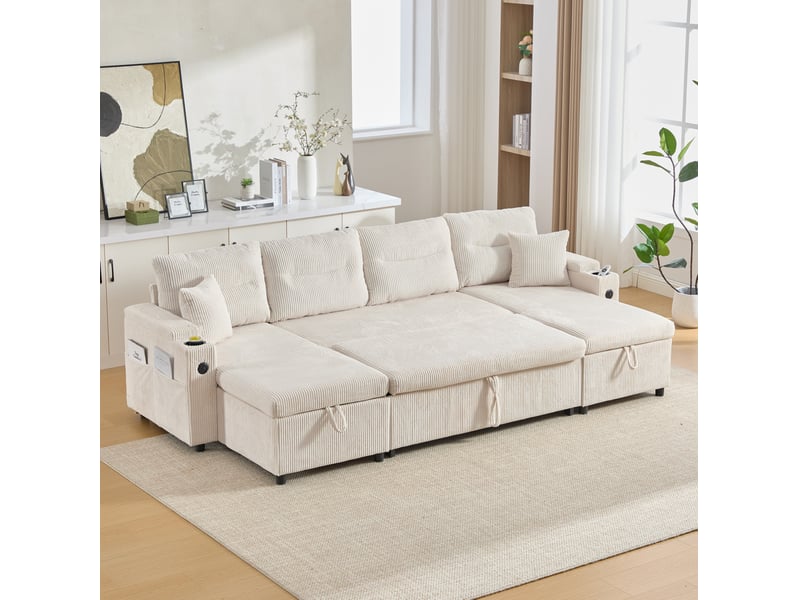 Canapé d’angle convertible 4 places en velours côtelé beige avec rangements, usb-c et porte-gobelets - Conforama E