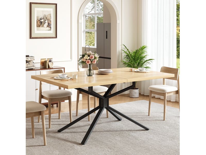  Table à manger extensible 120 à 160 cm en mdf bois clair, piètement étoilé noir, idéale pour 4 à 6 personnes  - Conforama B