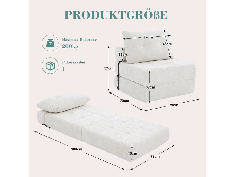  Fauteuil convertible 1 place pliable avec dossier et coussin, matelas dépliable portable pour salon, en chenille beige  - Conforama E