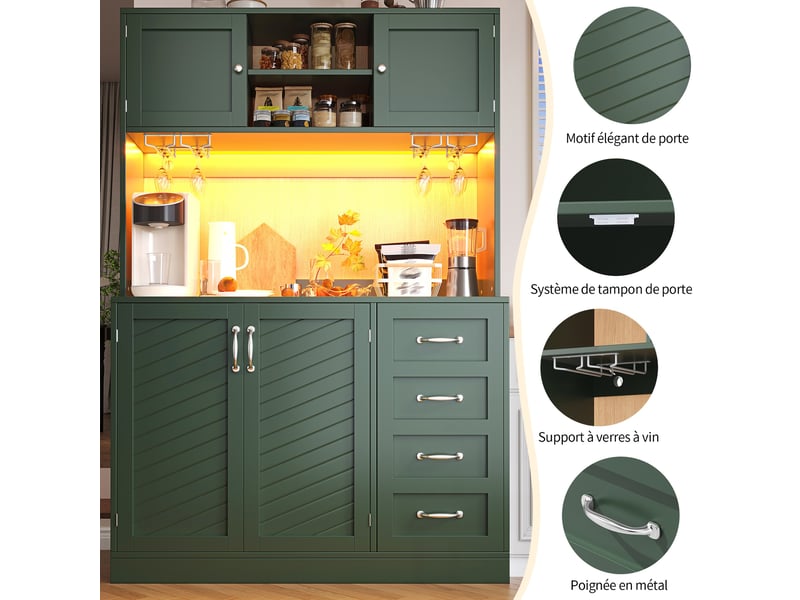  Buffet haut de cuisine 120x40x188 cm, meuble de rangement avec led, porte-boissons, étagère en-cas, 4 portes 2 tiroirs  - Conforama B
