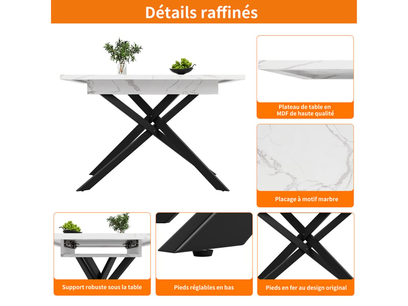  Table à manger extensible blanc et noir, rangement, effet marbre, confort, solide, robuste - mdf et métal - 120-160x80x76.5cm  - Conforama C