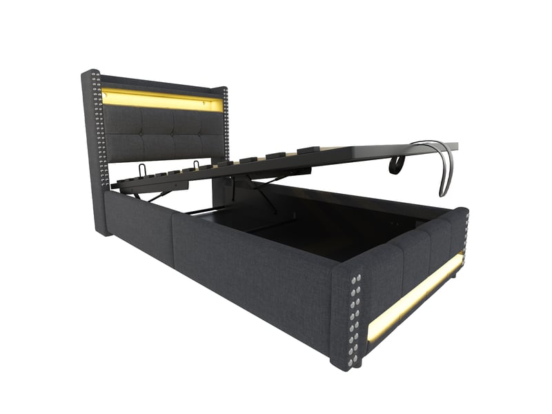 Lit enfant rembourré 90x200 led usb, tissu lin gris, rangement hydraulique - Conforama E