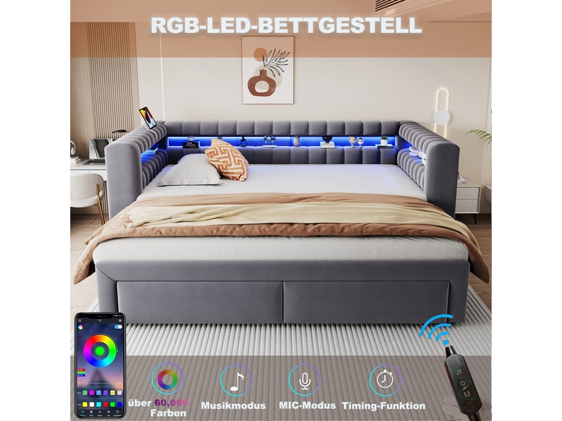  Canapé-lit convertible 90/180x190 cm avec rangements, led et ports usb-c, velours gris foncé, sans matelas  - Conforama E