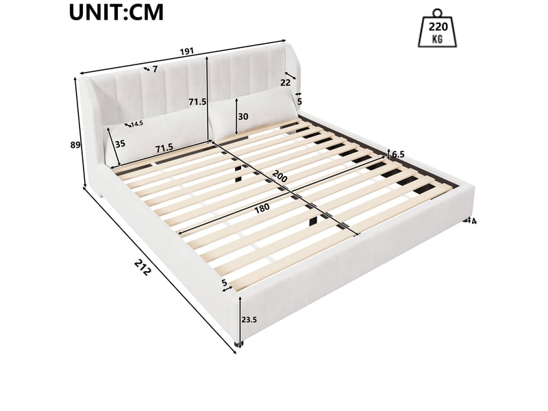  Lit rembourré beige 180x200 cm en velours, 2 coussins inclus, tête de lit à surpiqûres verticales et sommier à lattes en bois  - Conforama C