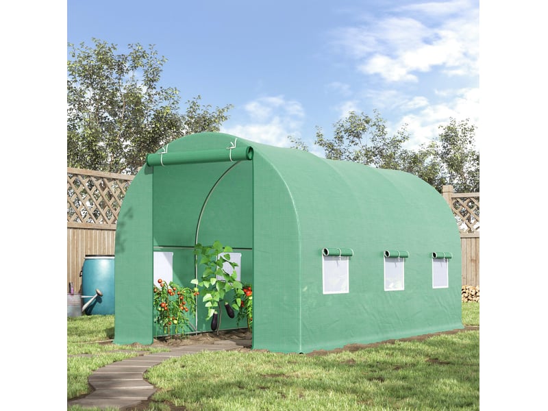  Serre tunnel de jardin 445x190x200 cm – verte – structure acier, portes enroulables et fenêtres filet  - Conforama B