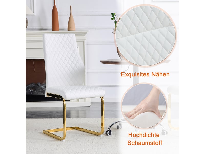  Ensemble table ronde et 2 chaises, plateau mdf effet bois 60 cm, sièges blancs matelassés et piètement doré  - Conforama D