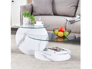 Table basse à deux niveaux avec plateau en verre trempé et base effet marbre blanc pour salon 78,5 × 78,5 × 24,5 cm