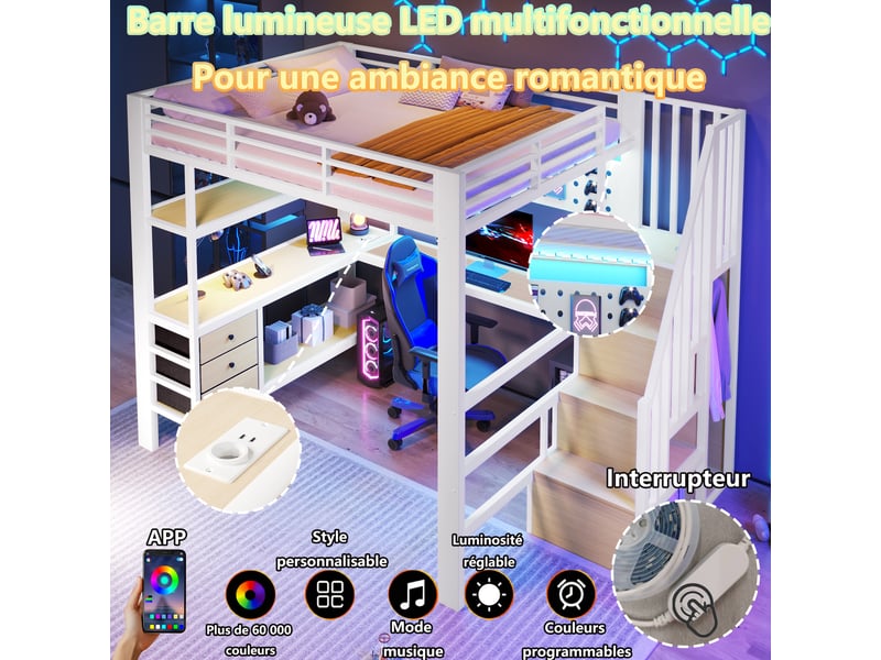  Lit mezzanine 140 × 200 cm 2 places avec 3 tiroirs, bureau, étagères, led réglable et prise, sans matelas, blanc  - Conforama B