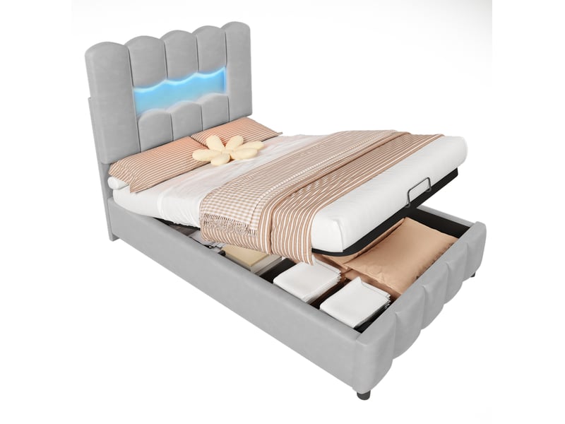  Lit coffre 90x200 cm éclairage led, tête de lit réglable en velours gris  - Conforama A