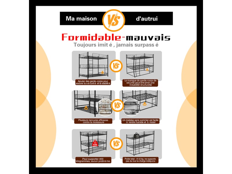  Lit superposé triple métal 90 × 190 cm, échelles, noir IKSETERA TRADING LTD - Conforama R
