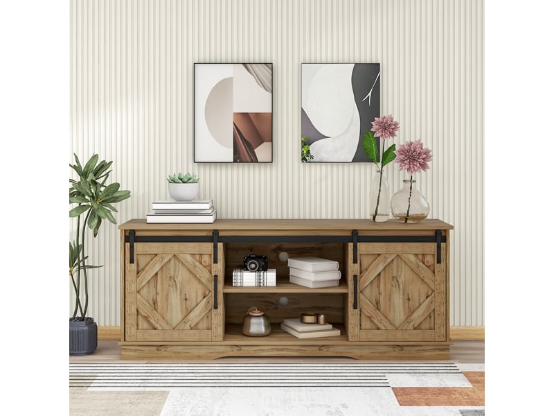  Meuble tv avec 2 portes coulissantes et 2 niches pour salon 150×40×60 cm en panneaux de particules marron rustique  - Conforama C