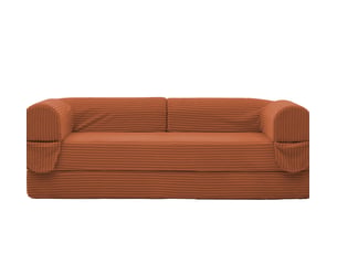 Canapé droit 2 places convertible lit orange tissu côtelé avec rangement intégré salon moderne